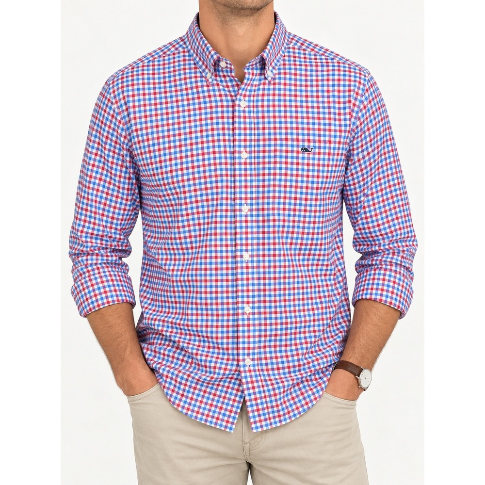Vineyard Vines Performance Tucker Shirt Mens L Gingham Red White Blue Stretch